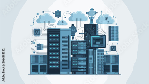 Cloud Computing Data Center Server Racks with AI Technology Vector Illustration