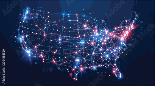 United states map with glowing network connections.