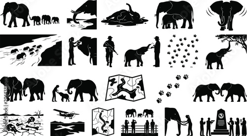 Bild auf Leinwand Elephant conservation and wildlife protection black silhouette icons set includi
