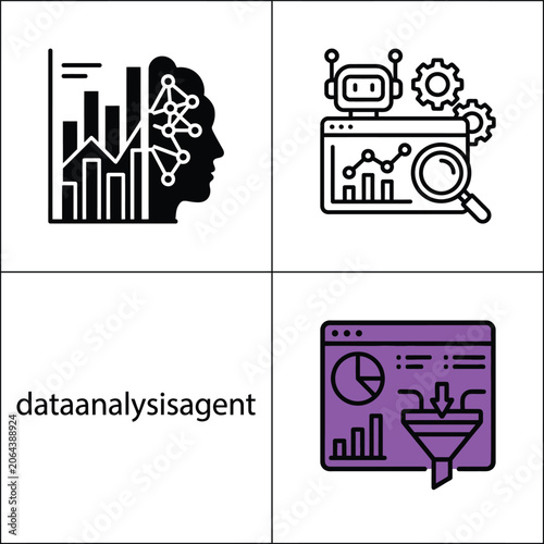 Data analysis agent icons showing charts and information processing for business intelligence.