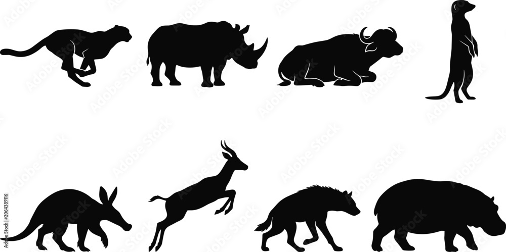 Fototapeta premium African wildlife animals silhouette vector set featuring cheetah, rhinoceros, buffalo, meerkat, aardvark, antelope, hyena, and hippopotamus
