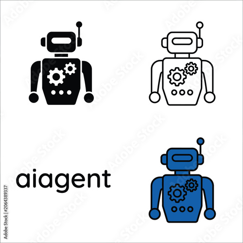 Ai agent robot icon set featuring black solid outline and blue color versions for design.