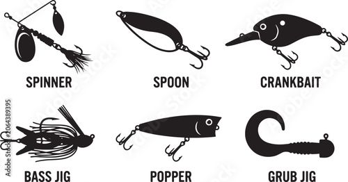 Fishing Lure Types Silhouette Set – Spinner, Spoon, Crankbait, Bass Jig, Popper and Grub Jig

