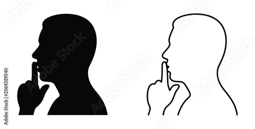 Person Silhouette Featuring Finger to Lips, Quiet Gesture, Thoughtful Expression, Black and White Design, and Vector Illustration.
