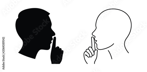 Person Silhouette with Finger on Lips for Silence, Thinking, Privacy, Communication, and Editable Vector Illustration.