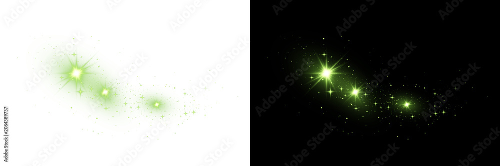 Fototapeta premium PNG image of Green glowing star bokeh with sparkling light particles, magical neon shimmer effect isolated on black background, fantasy glitter burst abstract design element. 