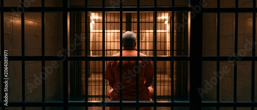 A solitary inmate in an orange prison uniform sits behind metal bars inside a correctional facility. symbolizes incarceration, criminal justice, punishment, confinement
