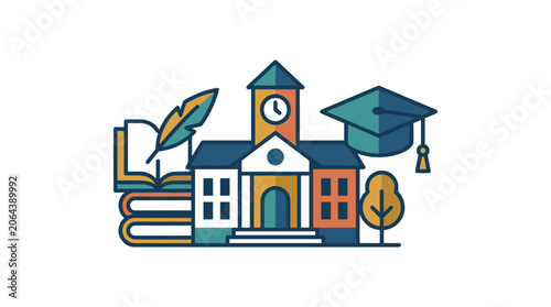 Colorful school building with graduation cap icon