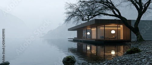 Contemporary luxury villa nestled beside a tranquil lake surrounded by mist-covered forest and mountains.