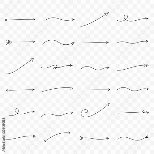 Hand drawn doodle arrow set with various curved and straight lines, minimalist black ink sketch collection