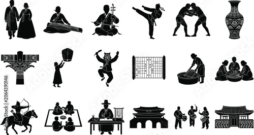 Bild auf Leinwand Traditional Korean culture and heritage silhouette icon set featuring hanbok clo
