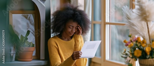 A young woman stands by a window reading a letter or document while wiping away tears. emotions of sadness, grief, disappointment