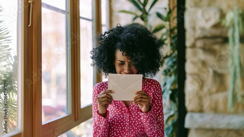 A young woman stands by a window reading a letter or document while wiping away tears. emotions of sadness, grief, disappointment