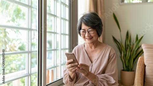 Senior woman using smartphone at home, represents modern technology adoption, communication, and an active lifestyle among older adults.