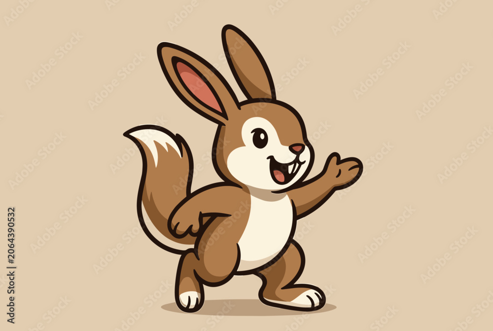 Obraz premium Cheerful brown squirrel cartoon character waving friendly on a light background, perfect for kids designs.
