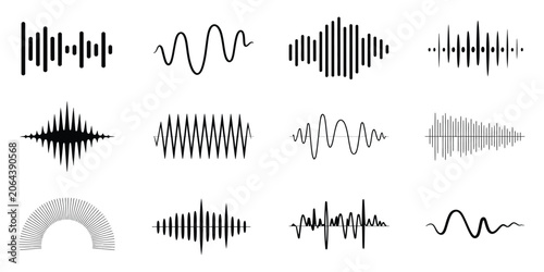Sound Wave Icon Featuring Analog and Digital Audio Signal, Music Equalizer, Voice Recording, and Vector Illustration.