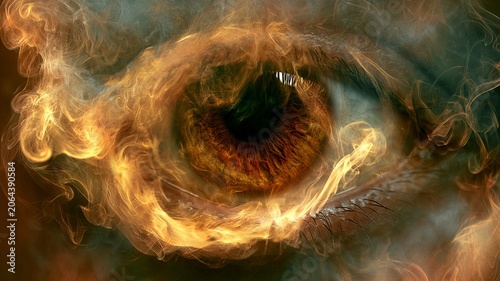 A surreal close-up of a human eye enveloped by swirling smoke.