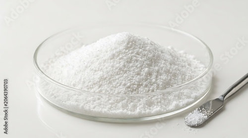 A pile of white powder in a glass petri dish with a metal spatula for scientific or medical research. allantoin