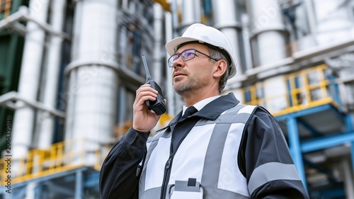 A professional industrial worker wearing a high-visibility safety vest communicates via a two-way radio at a modern manufacturing or processing facility.