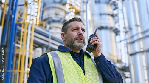 A professional industrial worker wearing a high-visibility safety vest communicates via a two-way radio at a modern manufacturing or processing facility.