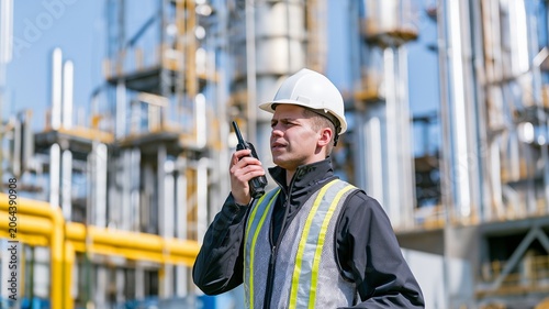 A professional industrial worker wearing a high-visibility safety vest communicates via a two-way radio at a modern manufacturing or processing facility.