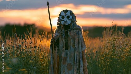 A mysterious hooded figure wearing an ornate mask stands in a blooming meadow at sunset.