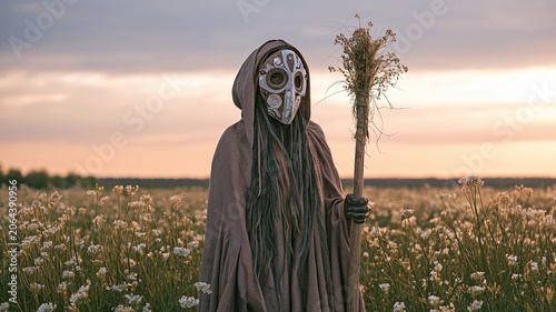 A mysterious hooded figure wearing an ornate mask stands in a blooming meadow at sunset.