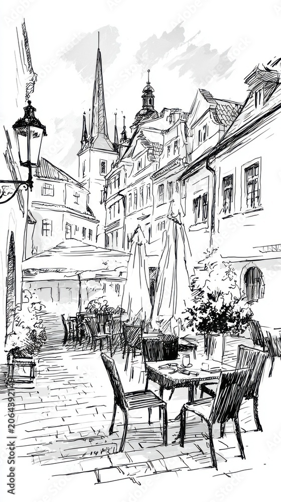 Fototapeta premium Cozy european cafe outdoor, Christmas Prague city, ink draw