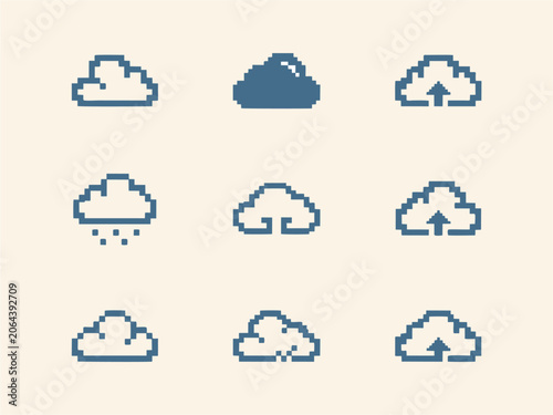 Retro Pixel Art Cloud Computing and Weather Icons Set Vector