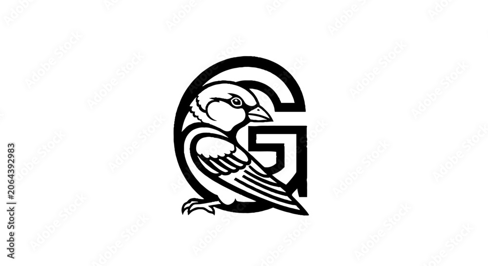 Fototapeta premium Elegant Raven Perched Inside Letter G Design.