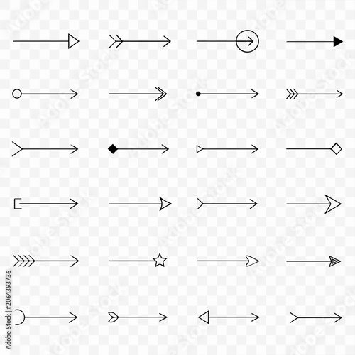Set of minimal hand drawn arrow icons in black line art style, collection of simple directional pointers for web design and infographics