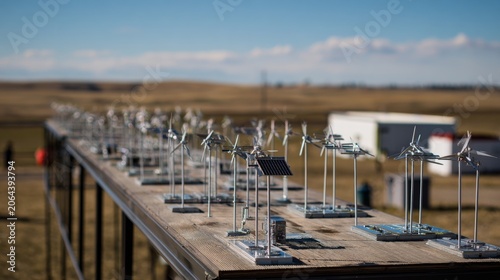 Small Scale Wind Turbine Models on Display Under Clear Blue Sky