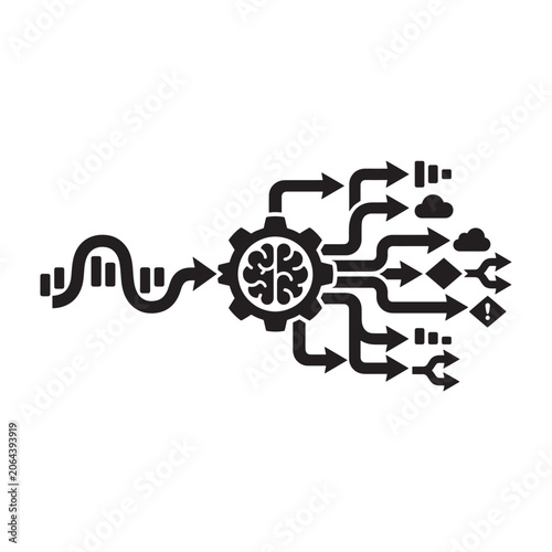 Data pipeline illustration with gears and arrows black vector on white background