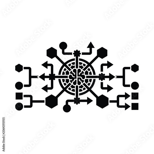 Abstract geometric pattern with arrows and circles black vector illustration on white background