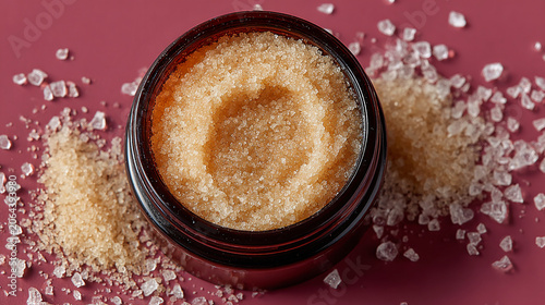 Cuadro en lienzo Close-up of a natural sugar scrub in a dark glass jar, surrounded by loose granu