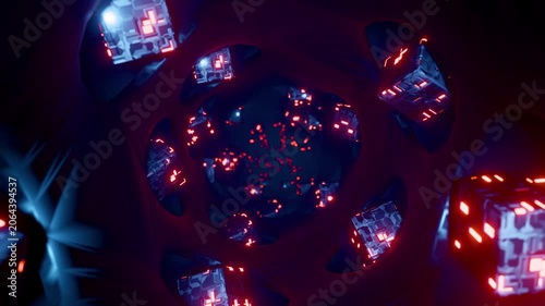 Seamless loop of camera moving through a dark red sci-fi tunnel with glowing cubes. 3D rendering