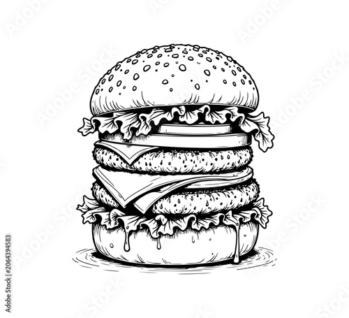 Double cheeseburger sketch vintage hand drawn illustration.