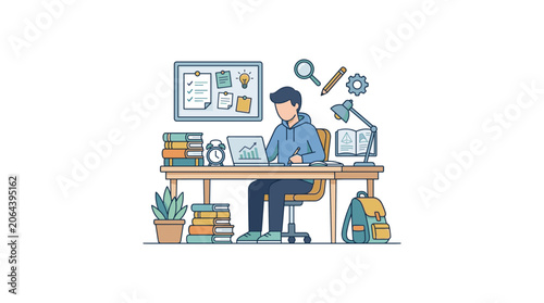 Student working at a home office desk