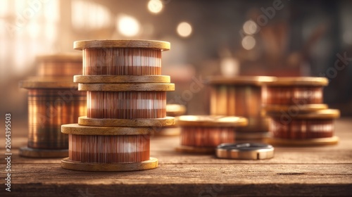 Vintage Copper Wire Spools on Wooden Table in Rustic Workshop