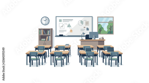 Modern classroom with desks and digital screens
