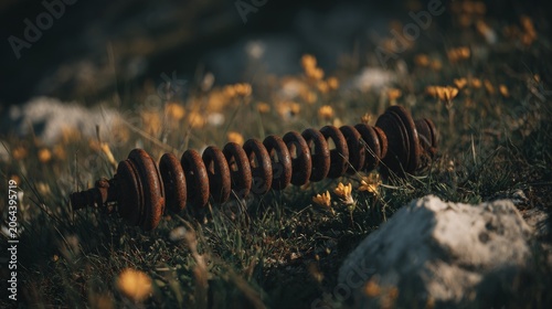 Rusty Metal Spring on Ground with Wildflowers in Soft Natural Light
