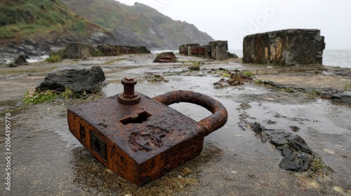 Rusty Padlock on Wet Rocky Surface at Coastal Location