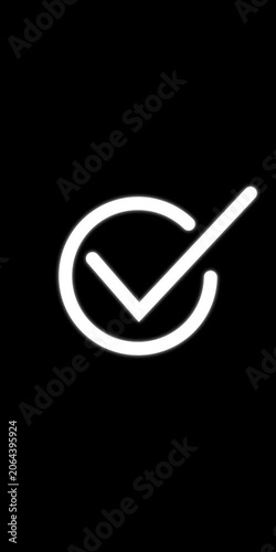 Minimalist white checkmark animation on black background, success and approval symbol tick