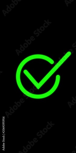 Green neon checkmark animation on black background, success and approval symbol tick