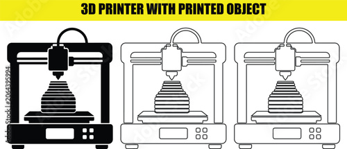 Fotografie Three dimensional printer with printed object icons set showing additive manufacturing and tech tool