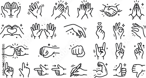 Obraz na płótnie Set of various hand gestures and signs hand drawn sketch collection with body la