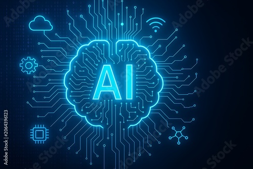 Digital artificial intelligence concept featuring neural network circuitry, cybersecurity icons, and cloud computing elements in modern technology background