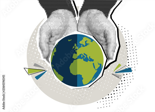 World Earth day halftone collage. Trendy vintage mixed art with halftone hands supporting earth. Concept of protection the Earth with human hands. 22 april. Vector design.