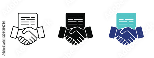 Tableau sur toile Business agreement icon with handshake and document, contract signing partnership and deal approval symbol for corporate negotiation and legal transaction vector illustration