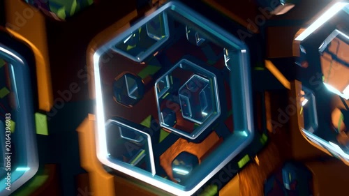 Abstract 3D animation flying through futuristic bronze walls with glowing blue hexagonal window panels. 3D rendering